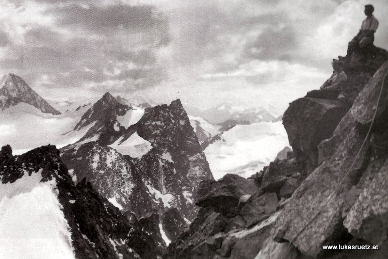vom Lüsener Fernerkogel Richtung Schrankogel, Brunnenkögel, Rotgratspitze. um 1925