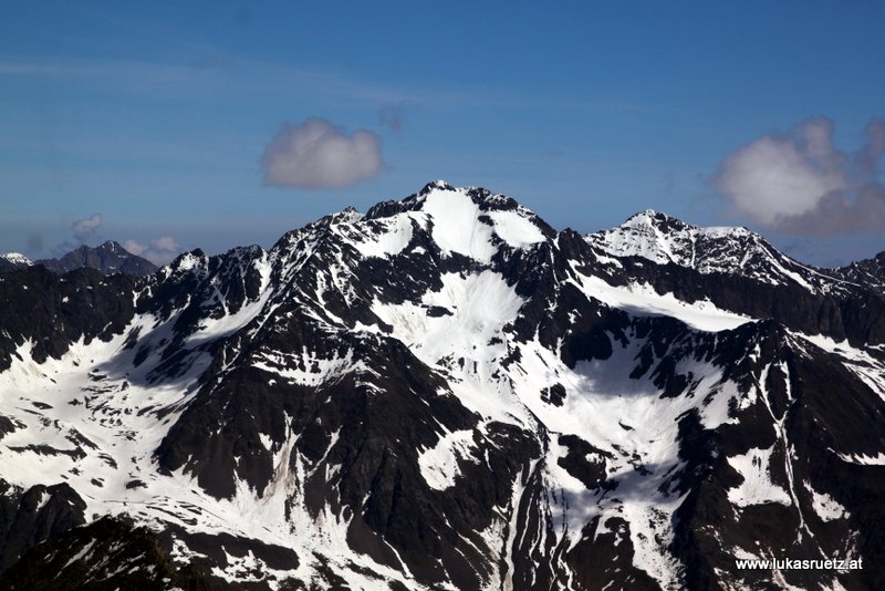 Ruderhofspitze, links davon Lisener Spitze, Rotgratspitze und Lüsener Fernerkogel. rechts davon Östliche Seespitze